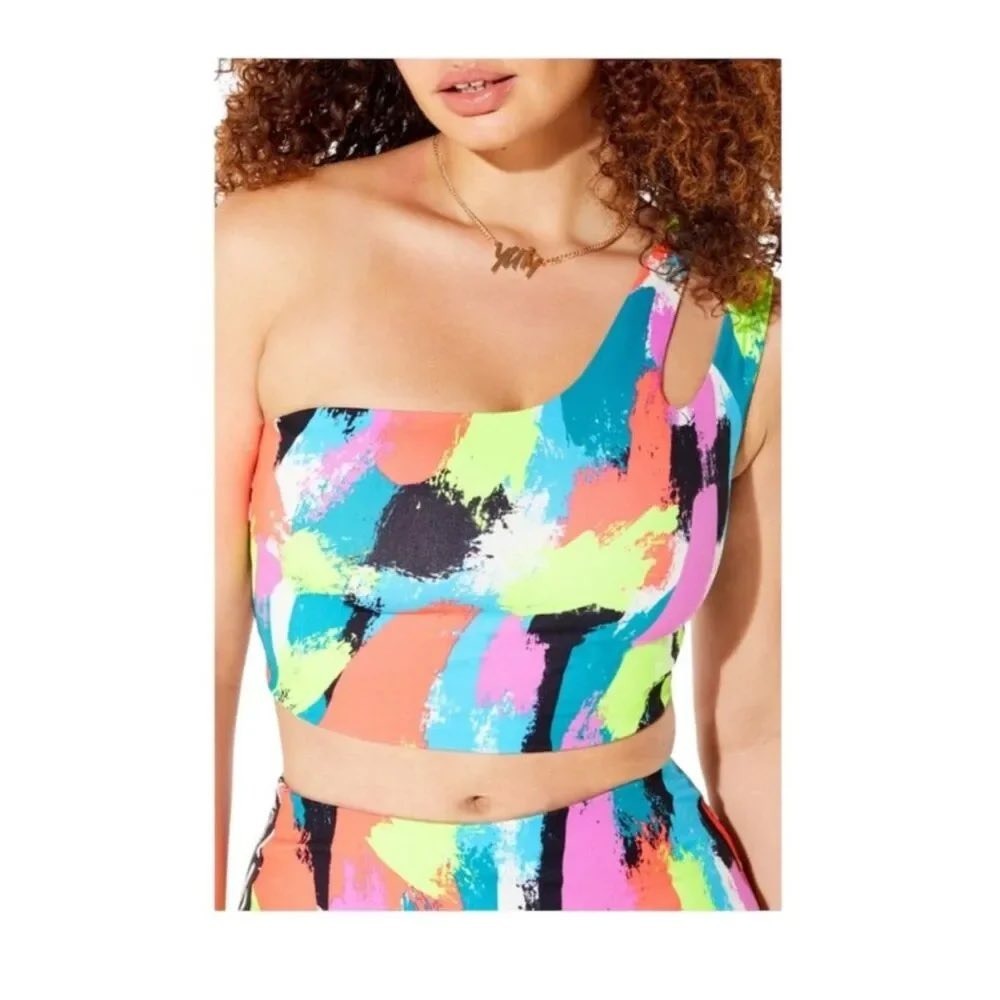 YITTY Major Label Reversible One Shoulder Crop Top Abstract Y2K L